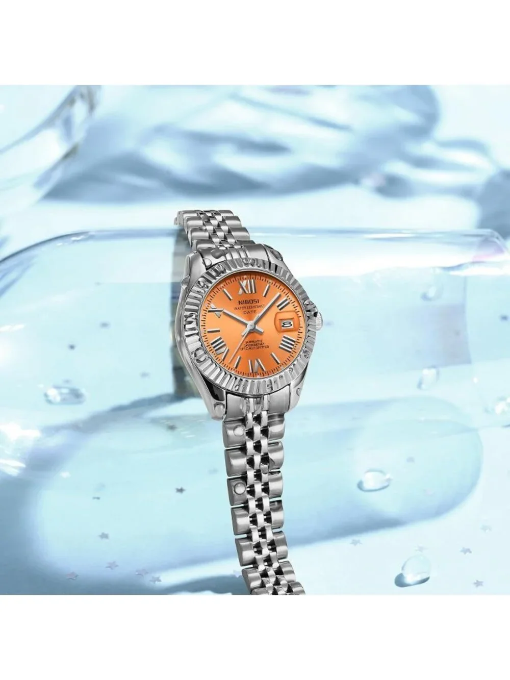 Nibosi Women's Silver And Orange Analog Stainless Steel Waterproof Luxury Watch